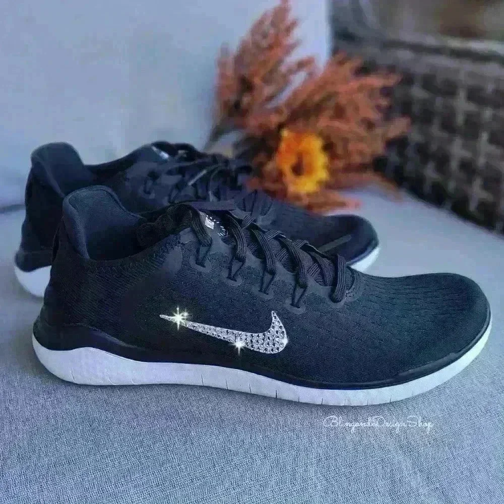 Nike Free RN 2018 Black Sneakers Customized with Crystal Rhinestones